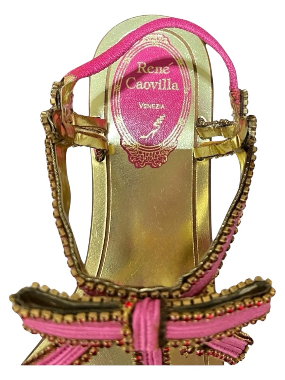 Rene Caovilla Gold & Pink Bow-Embellished Sandals - Picture 2 of 7